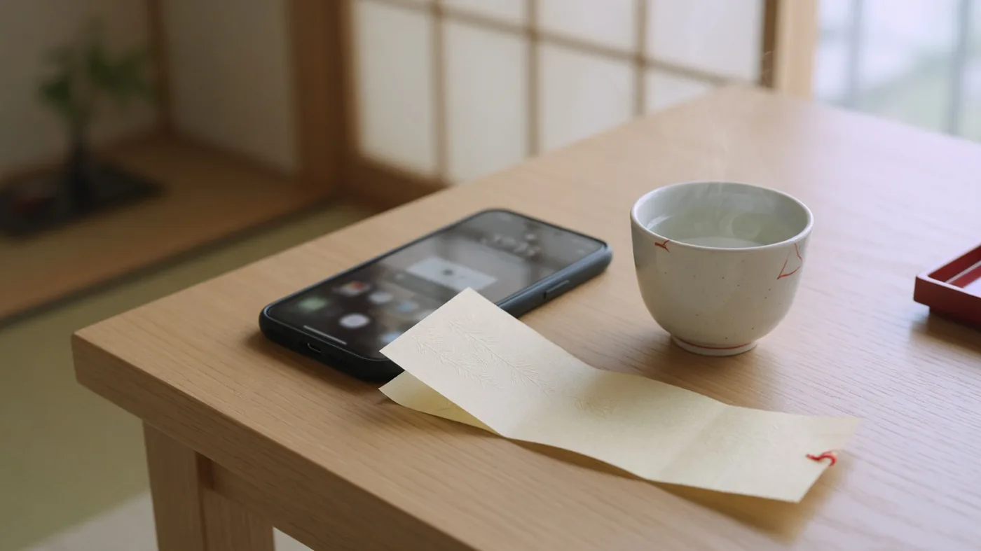 朝のスマホとおみくじ紙、湯気の立つ湯のみ